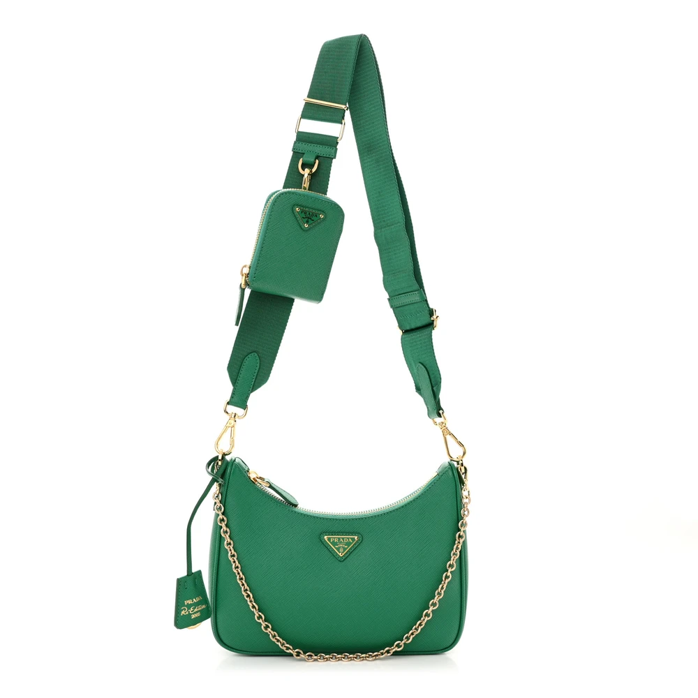 Prada Medium Re-Edition 2005 Shoulder Bag Mint Saffiano Lux Leather Gold Hardware