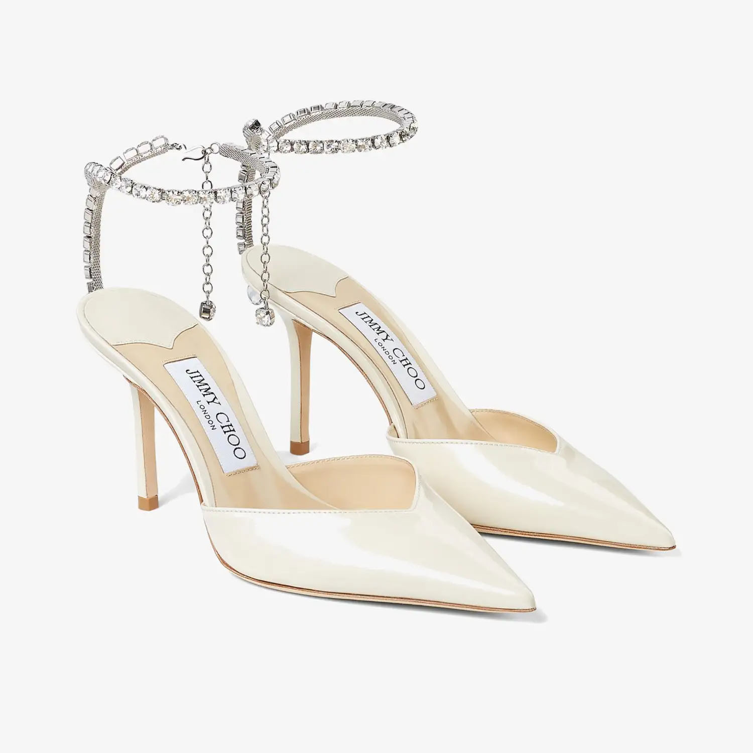 JIMMY CHOO Crystal linens patent leather heels pointy stiletto heels