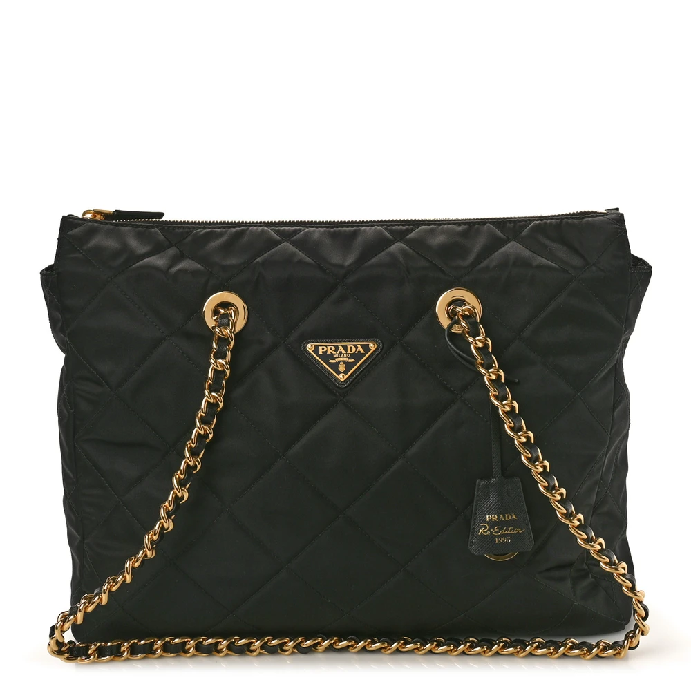 Prada Large Impuntu Triangle Stitched Re-Edition 1995 Chaine Shoulder Bag Black Re-Nylon & Saffiano Leather