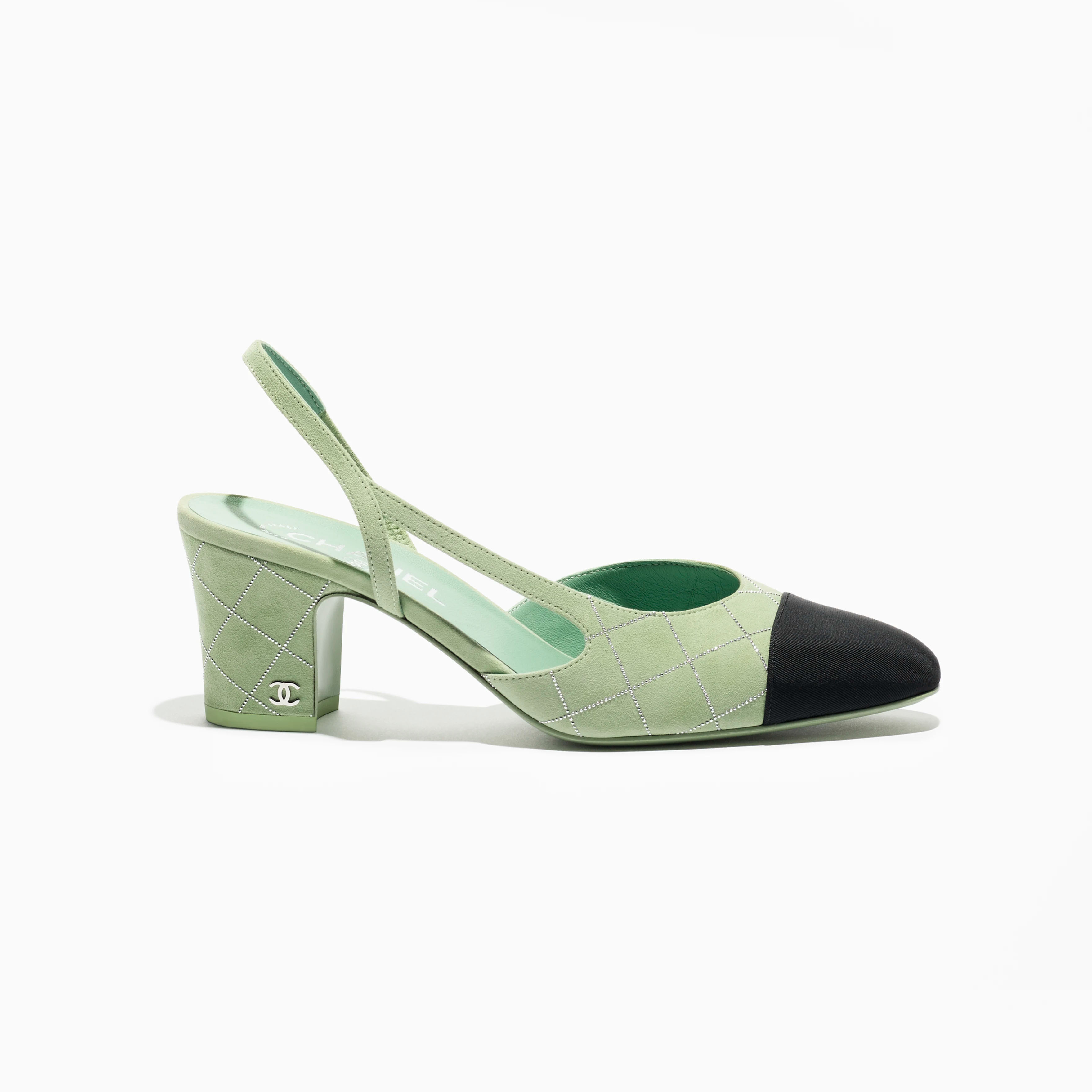 Chanel, light green, silver and black, suede sheepskin and satin, Rear lace up high heels High Heels Sandal