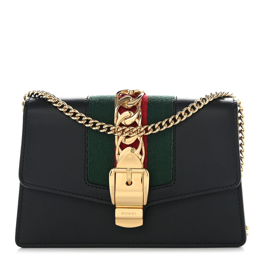Gucci Super Mini Sylvie Chain Shoulder Bag Black Calfskin Leather Gold Hardware
