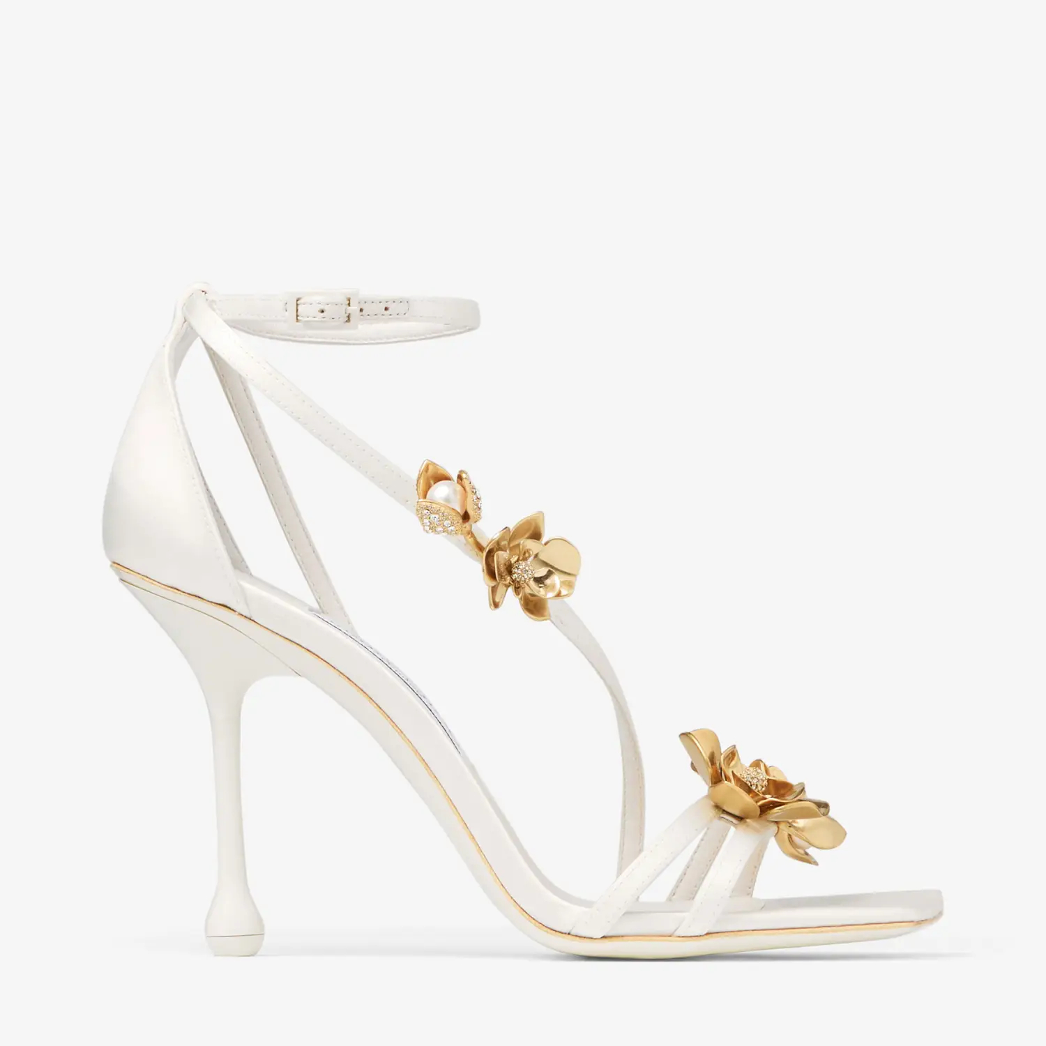 JIMMY CHOO Metallic floral embellished ivory white satin heel sandals
