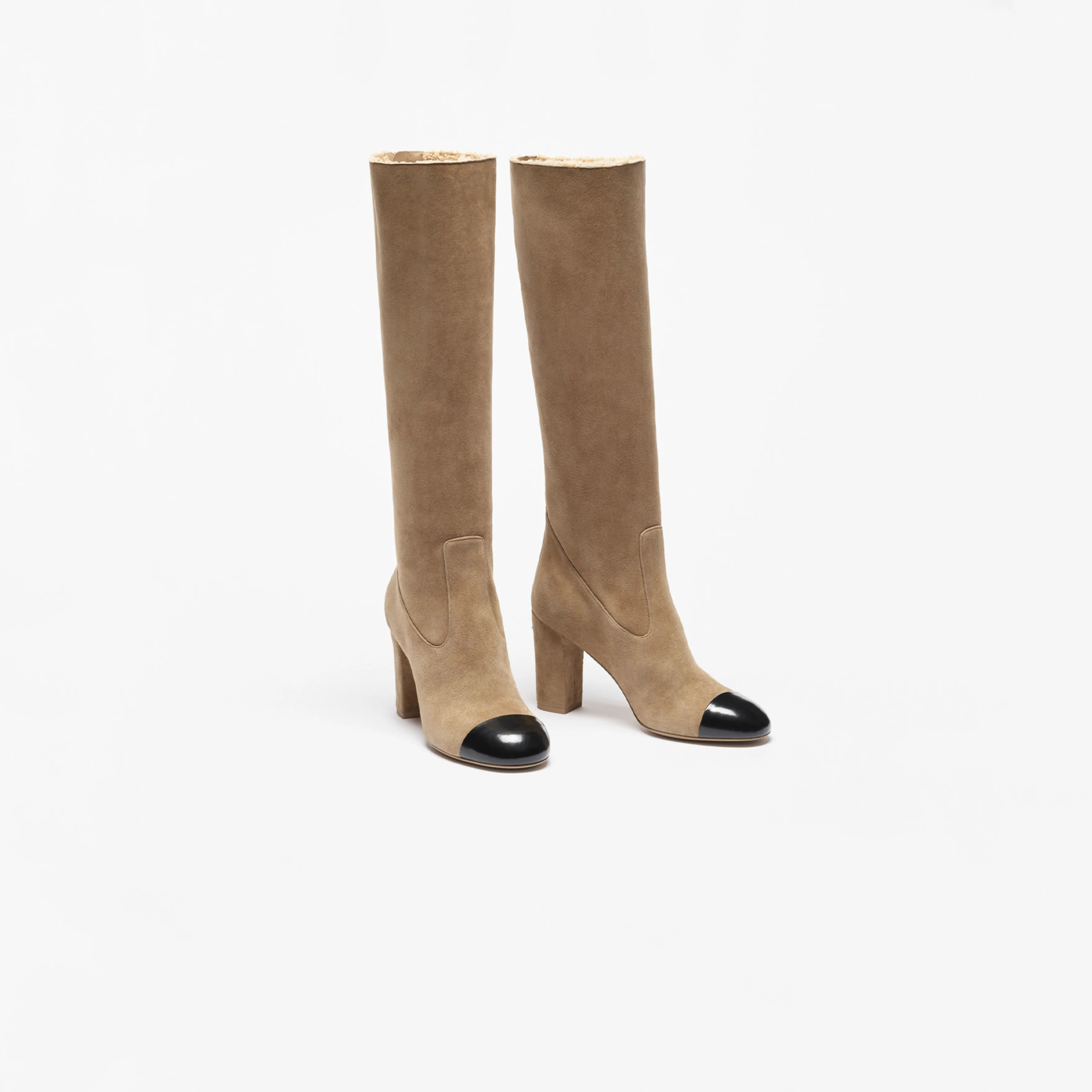 Chanel Long boots Light beige and black suede, calfskin, sheepskin