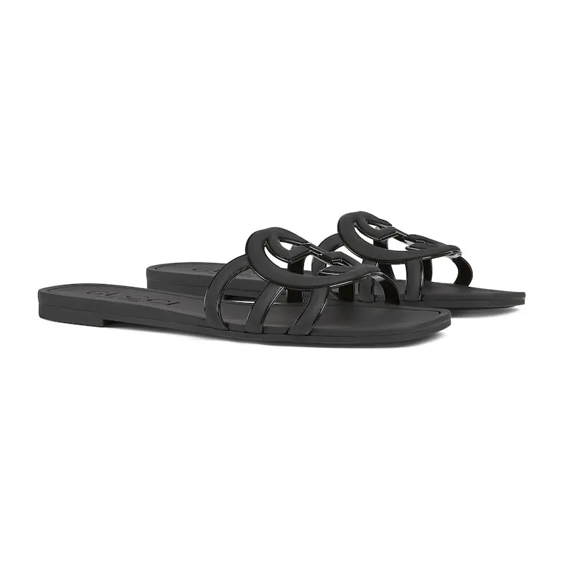 Gucci square head black flat bottom slippers