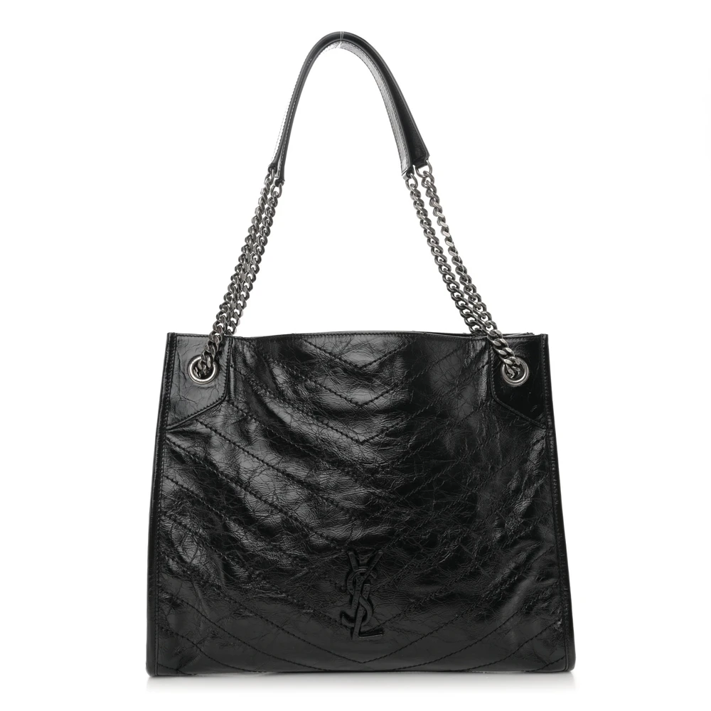 Saint Laurent Medium Niki Shopper Tote Black Crinkled Monogram Calfskin Matelasse Leather Silver Hardware