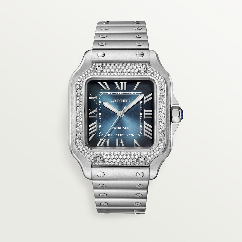 Santos de Cartier watch Medium model steel diamonds blue dial CRW4SA0006