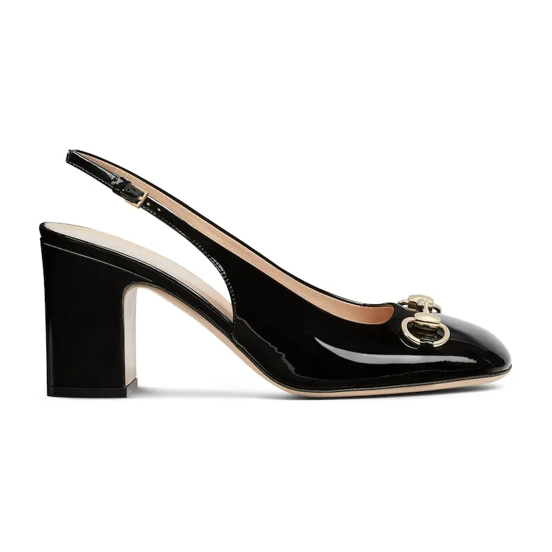 Gucci Black patent leather thick heel high heels shoes Rear lace up high heels