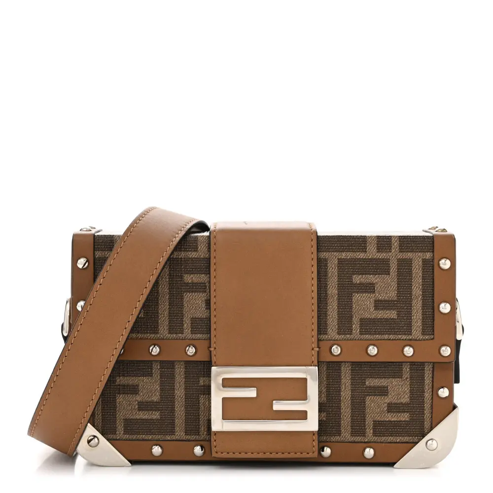 Fendi Mini FF 1974 Baguette Trunk Mogano/Panna/Cuoio Shiny Glazed Fabric & Vachetta Leather Silver Hardware