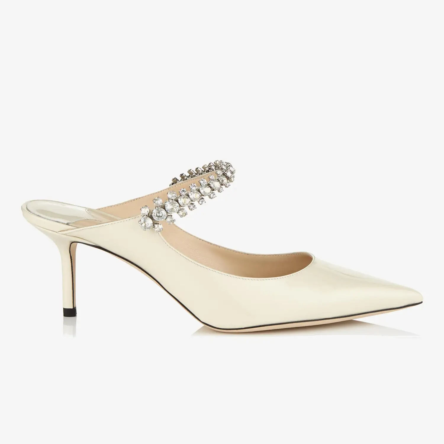 JIMMY CHOO Linen-colored patent leather crystal strap Moeller shoes