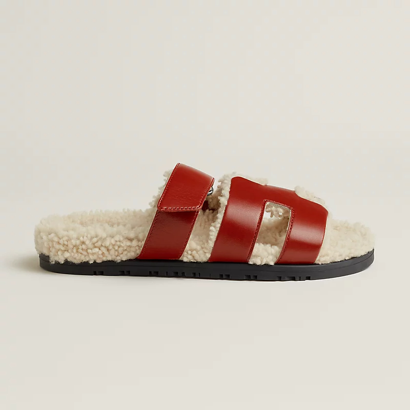 HERMES Chypre Red Wool of lamb Slippers
