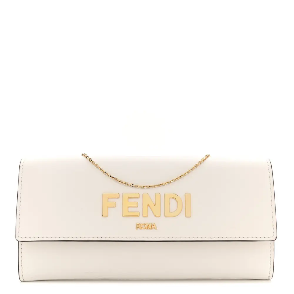 Fendi Metal Fendi Roma Logo Chain Continental Wallet White Kyoto Vitello Leather Gold Hardware