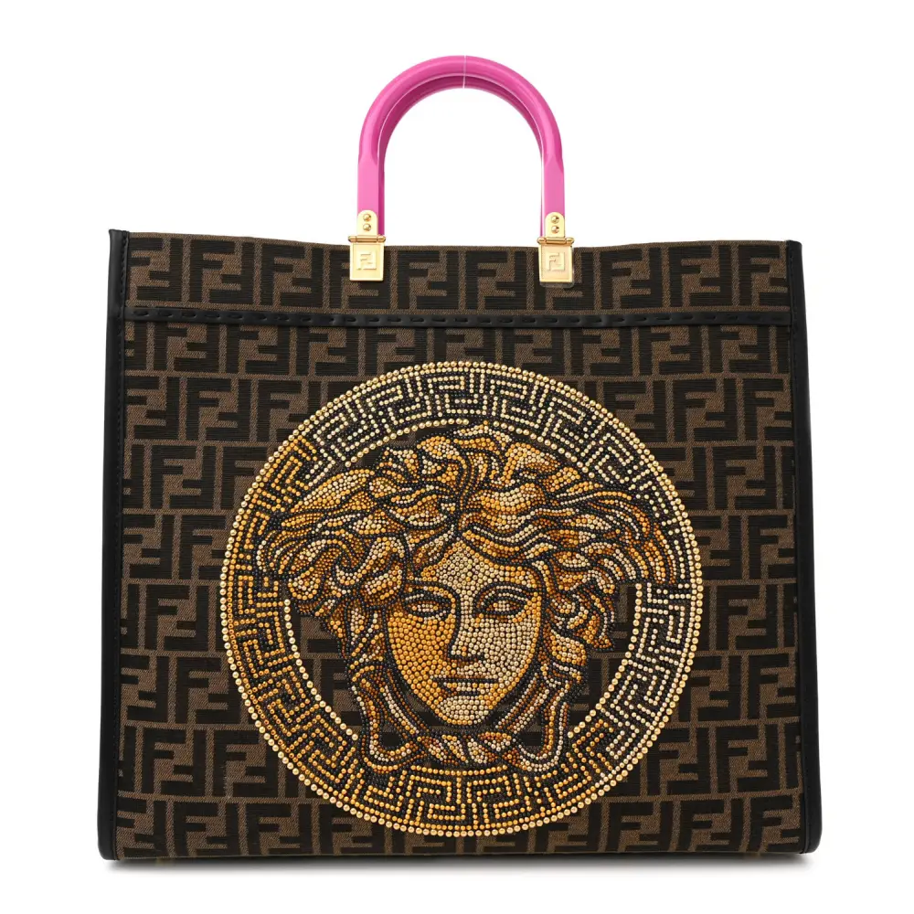 Fendi Large Fendace FF Medusa Studded Fendi Sunshine Shopper Tote (F x V) Marrone/Fuxia Jacquard Fabric, Calfskin Leather, & Plexiglass Gold Hardware