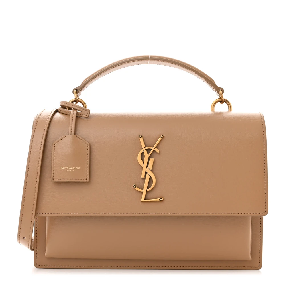 Saint Laurent Medium Sunset Satchel Natural Tan Smooth Monogram Calfskin Leather Gold Hardware