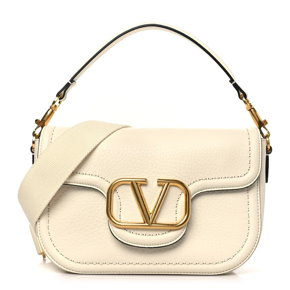 Valentino Garavani Small VLogo Top Handle Shoulder Bag Ivory Pebbled Calfskin Leather Incognito Hardware