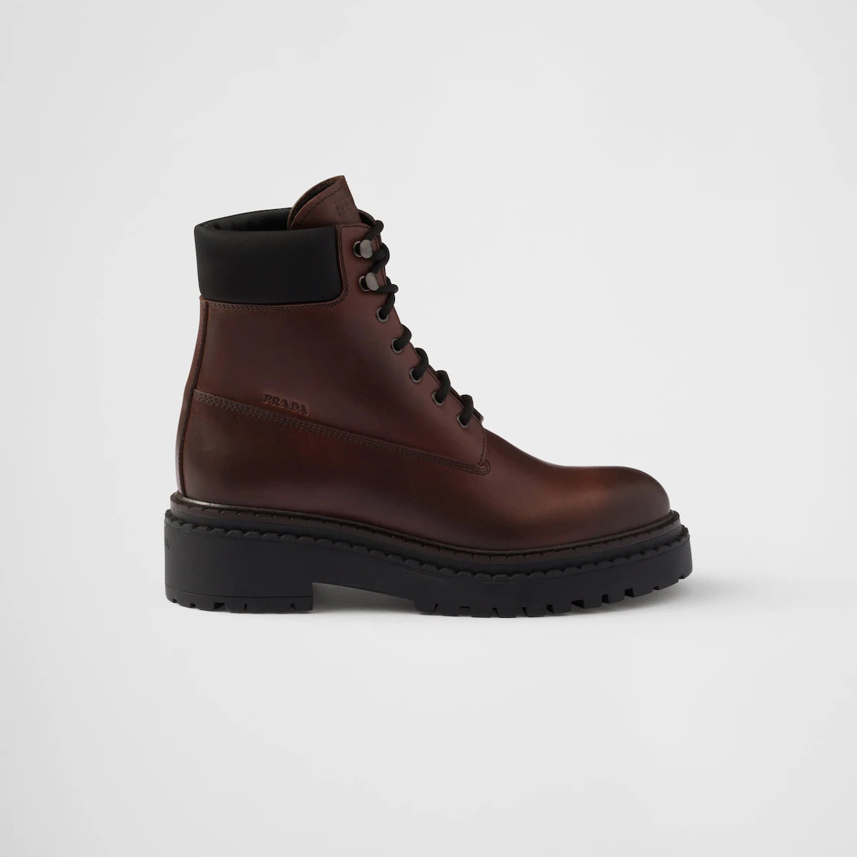 PRADA Dark brown leather and recycled nylon ankle boots