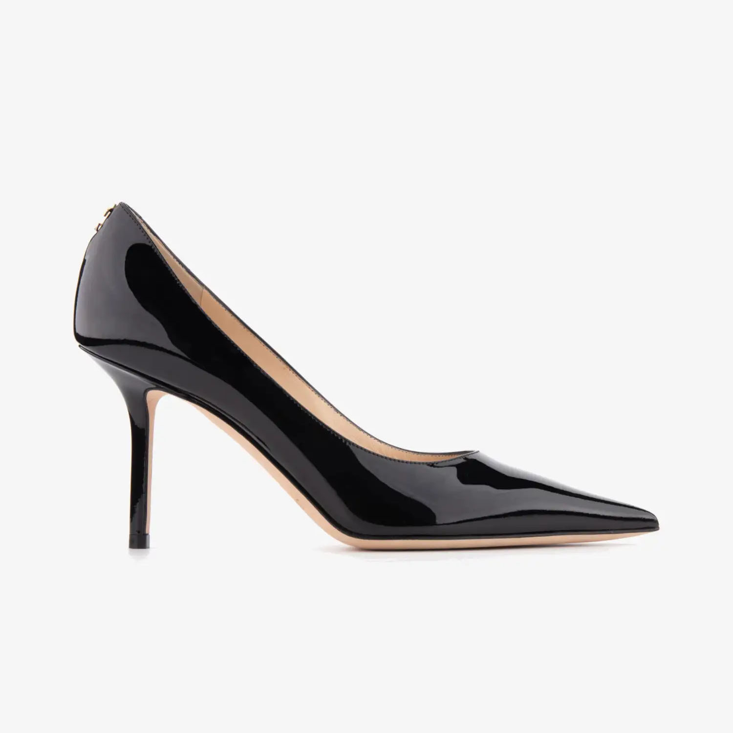 JIMMY CHOO JC badge embellishes black Patent paint leather high heels