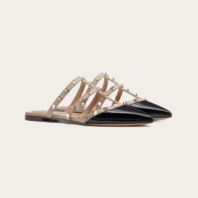 VALENTINO Black patent leather studded Muller shoes
