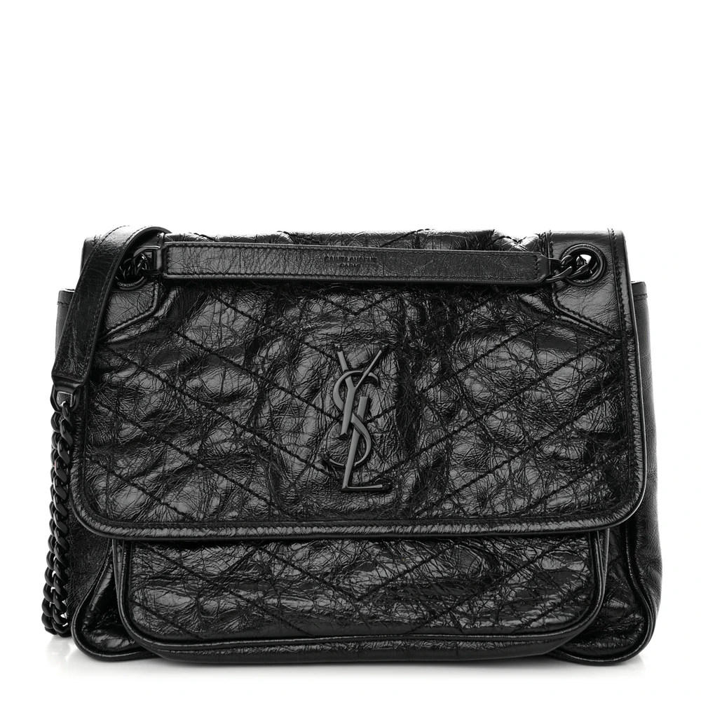 Saint Laurent Medium Niki Chain Satchel Black Crinkled Monogram Calfskin Matelasse Leather Black Hardware