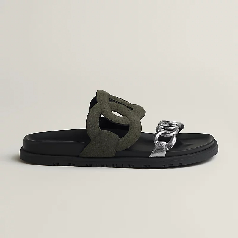 HERMES Extra Green and Silver color Slippers