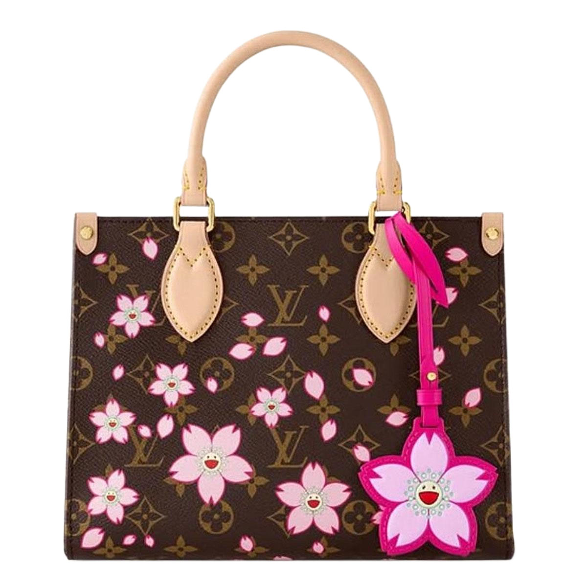 LOUIS VUITTON x Takumi Murakami Onthego CHERRY BLOSSOM gold metal accessories shoulder handbag for women brown