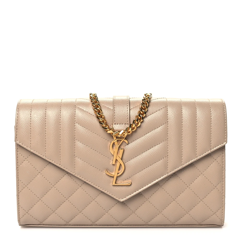 Saint Laurent Small Chain Wallet Dark Beige Triquilt Monogram Grain De Poudre Mixed Matelasse Leather Gold Hardware