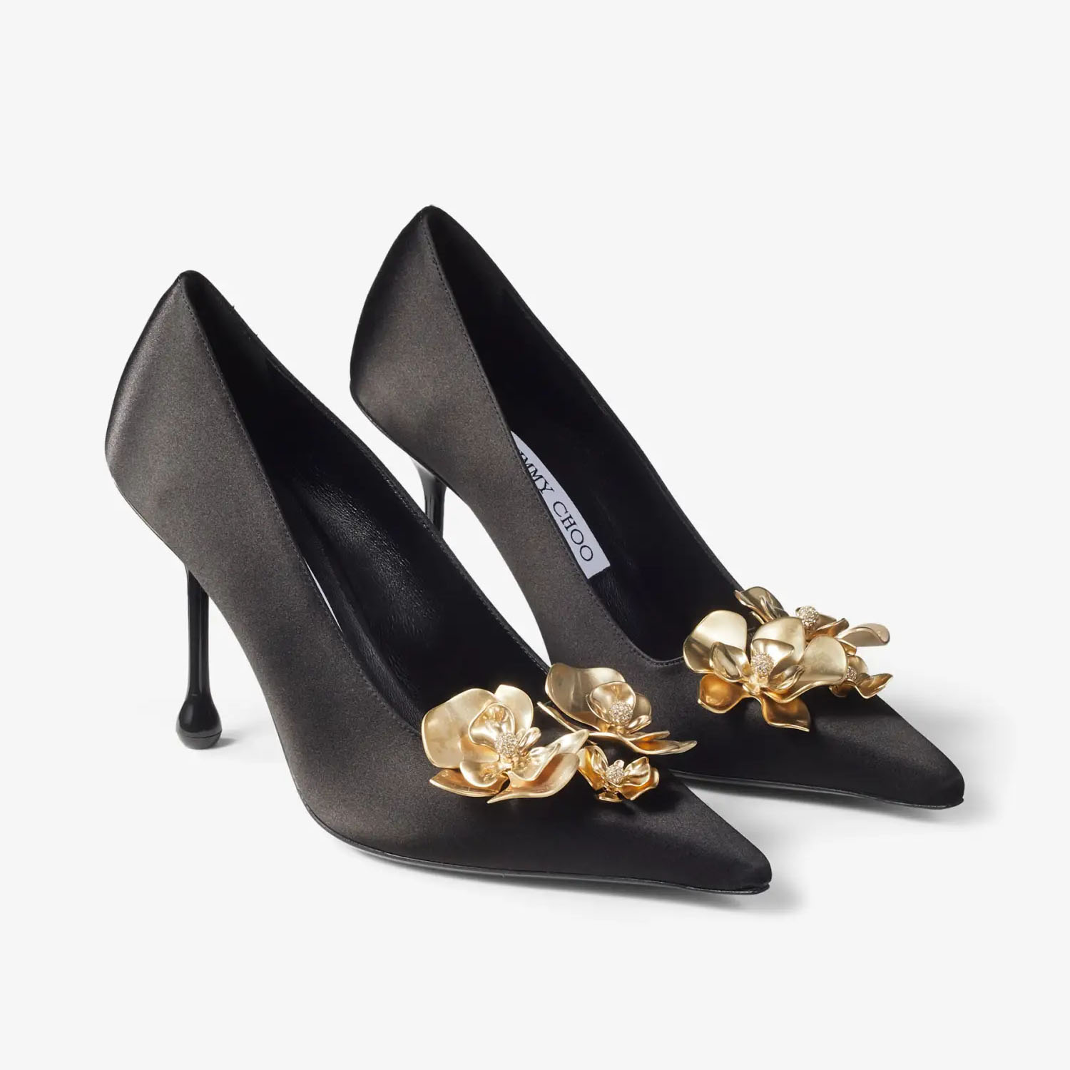JIMMY CHOO Black satin floral embellished heels