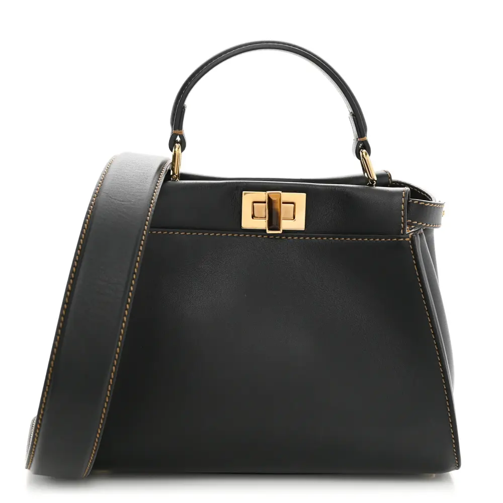 Fendi Mini Chinese New Year Tiger Embroidered Peekaboo Iconic Satchel Black / Dark Yellow King Vitello Leather & Canvas Gold Hardware