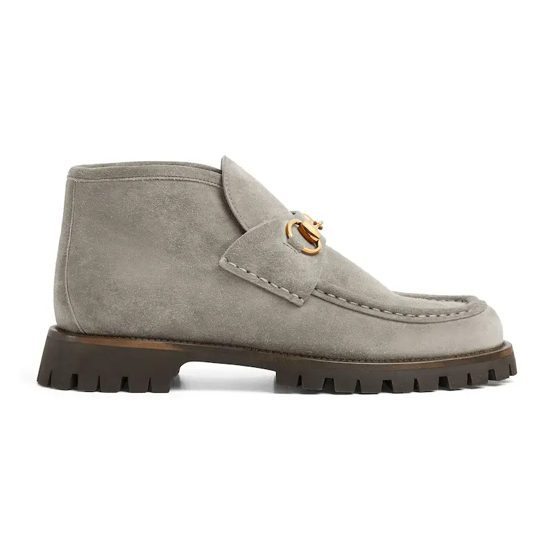Gucci Round headed grey suede horse collar buckle ankle boots