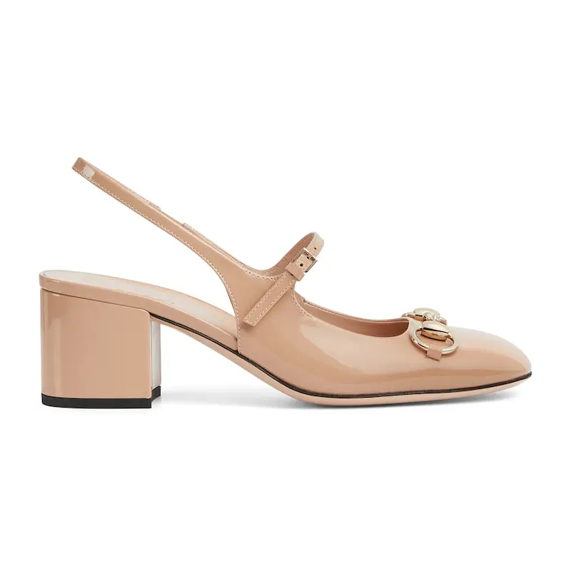 Gucci patent leather Square toed, thick heeled, horseneck buckle, shallow high-heeled shoes