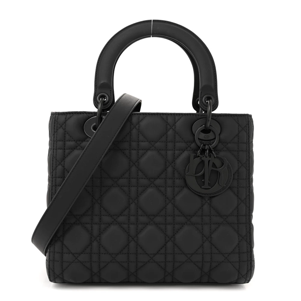 Dior Medium Lady Dior Black Ultra Matte Cannage Calfskin Leather Matte Black Hardware