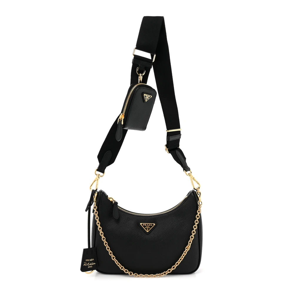 Prada Medium Re-Edition 2005 Shoulder Bag Black Saffiano Lux Leather Silver Hardware