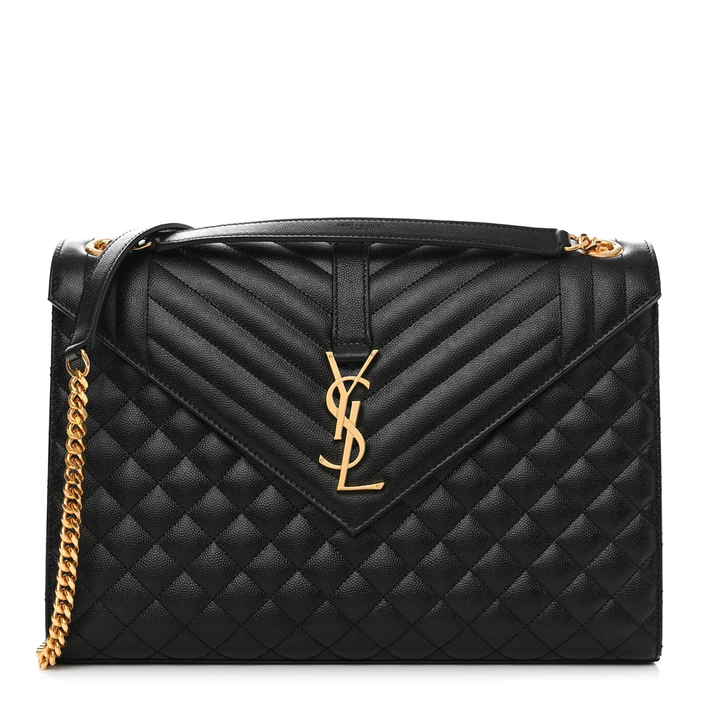 Saint Laurent Large Satchel Black Triquilt Monogram Grain De Poudre Textured Mixed Matelasse Leather Gold Hardware