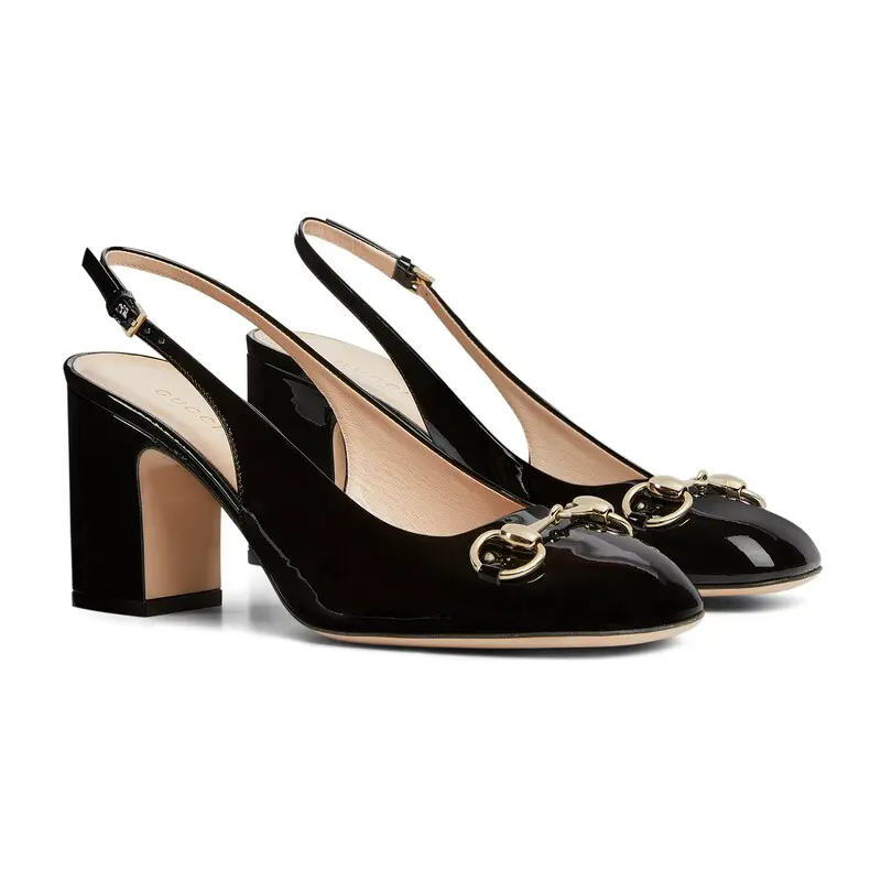 Gucci Black patent leather thick heel high heels shoes Rear lace up high heels