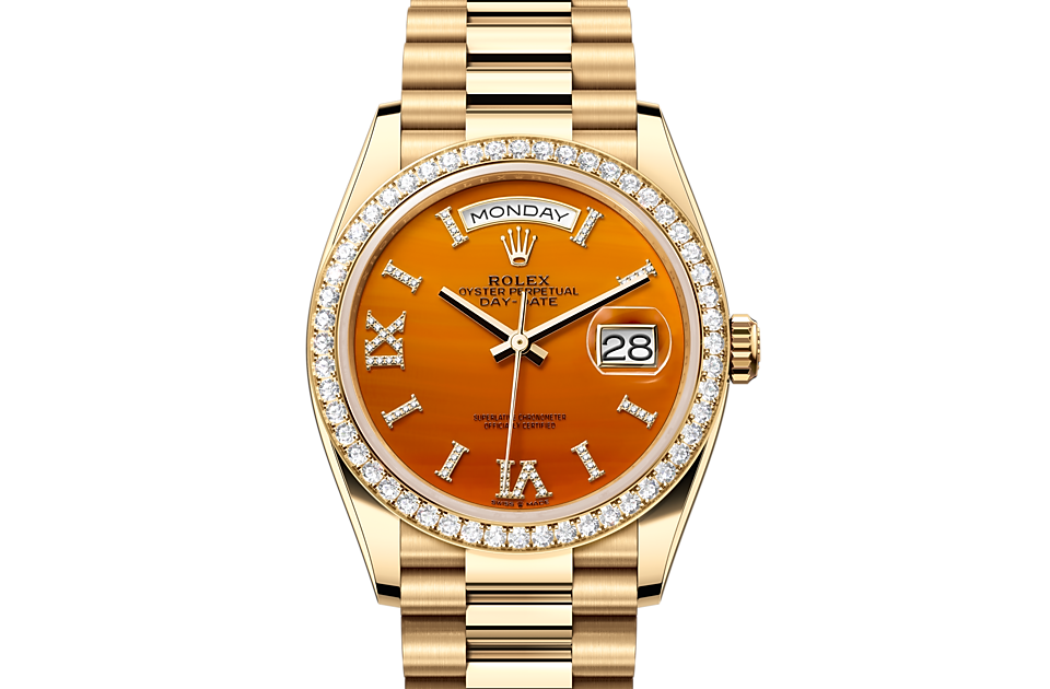Rolex Day-Date 36 Oyster 36 mm yellow gold and diamonds Carnelian dial M128348RBR-0049