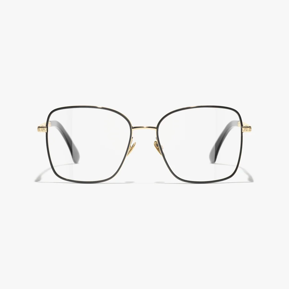 CHANEL square frame glasses black gold color size 57口16-145