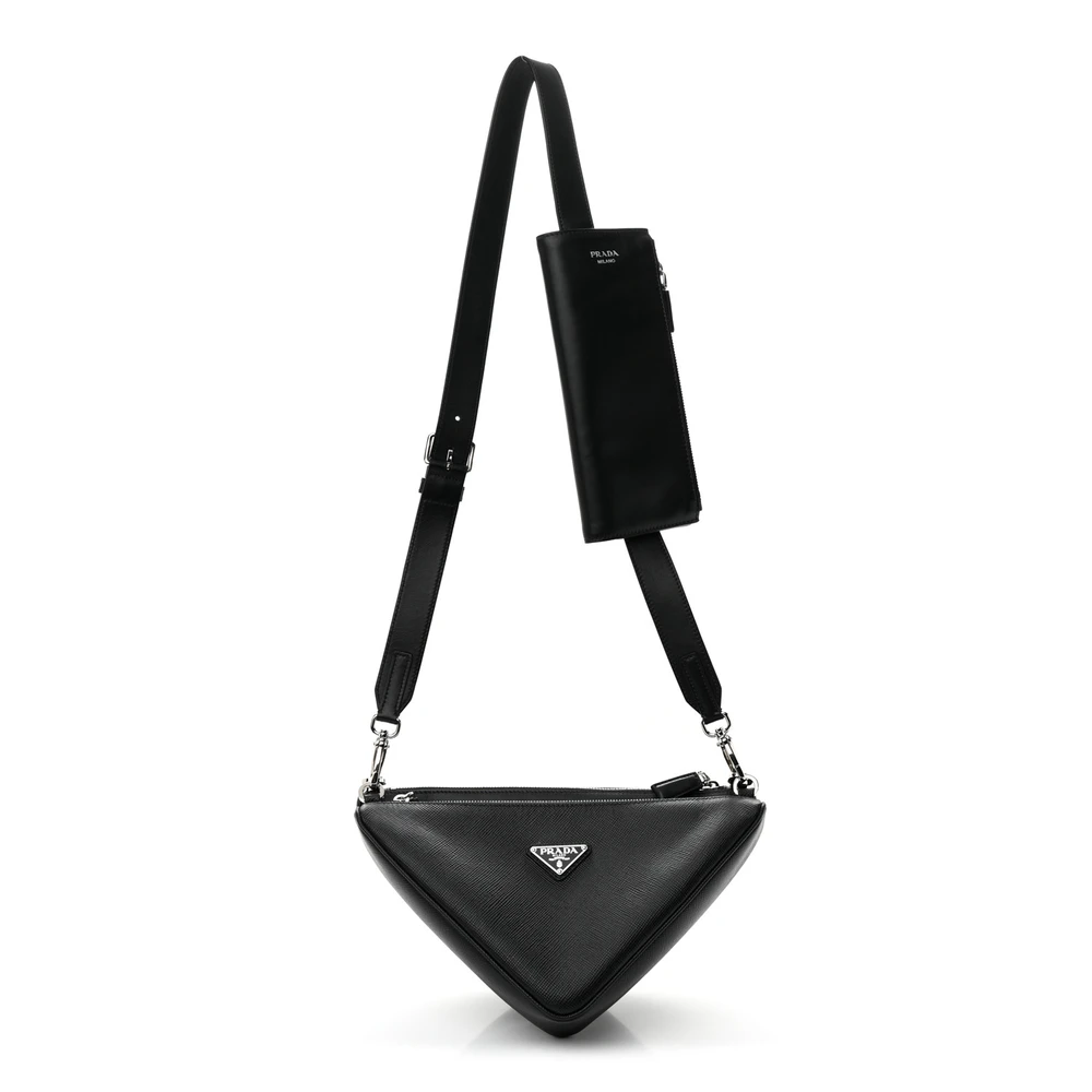 Prada Medium Double Triangle Shoulder Bag Black Vitello Saffiano Cuir Leather Silver Hardware