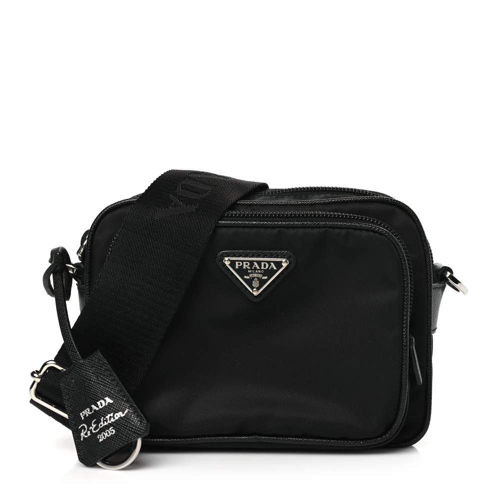 Prada Medium Brique Crossbody Messenger Bag Black Tessuto & Saffiano Leather Silver Hardware