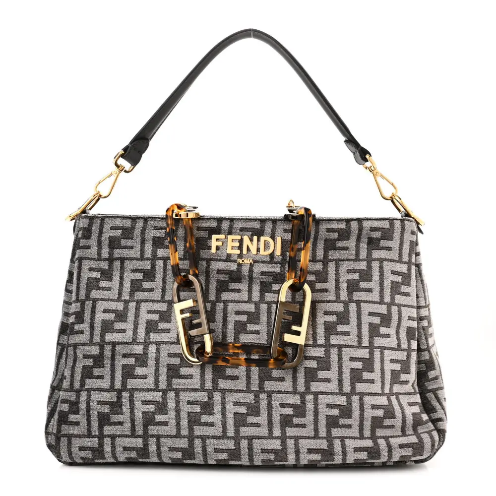 Fendi FF Fendi O’Lock Zipper Anthracite/Asfalto Chenille, Vitello Seta Leather, & Plexiglass Mixed Metal Hardware