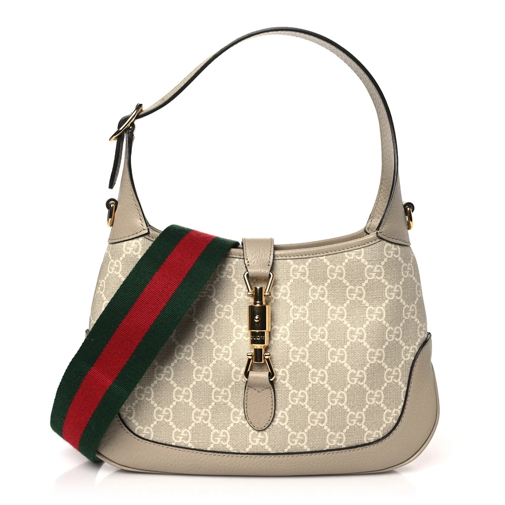 Gucci Small Web Jackie 1961 Hobo Beige / Mystic White / Oatmeal GG Supreme Monogram Canvas & Textured Dollar Calfskin Leather Gold Hardware