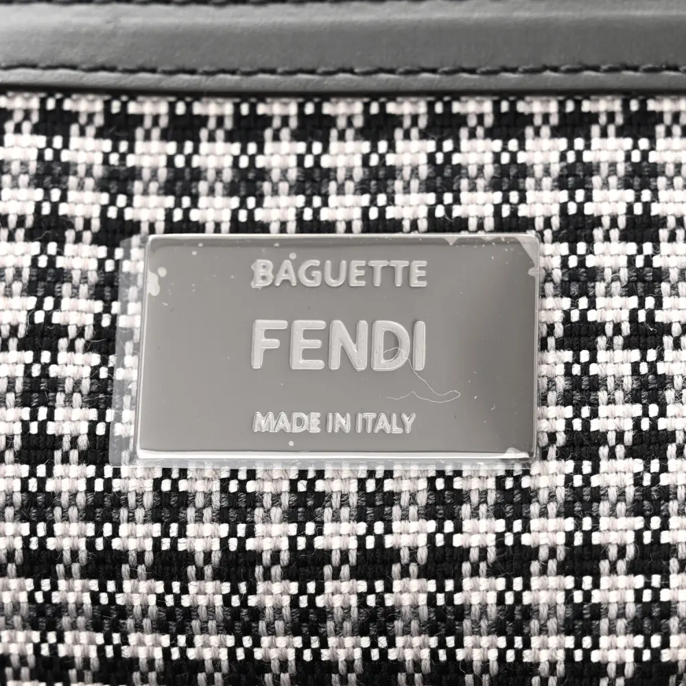 Fendi FF Embroidered Baguette Grigio / Anthracite Houndstooth Wool & King Vitello Leather Ruthenium Hardware