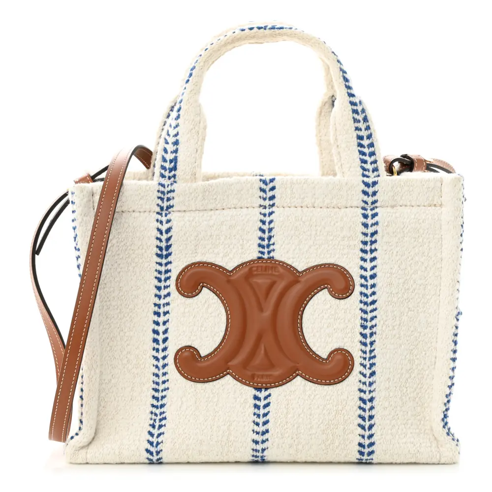 Celine Small Cabas Thais Tote Bag White/Blue Canvas & Calfskin Leather Stripe