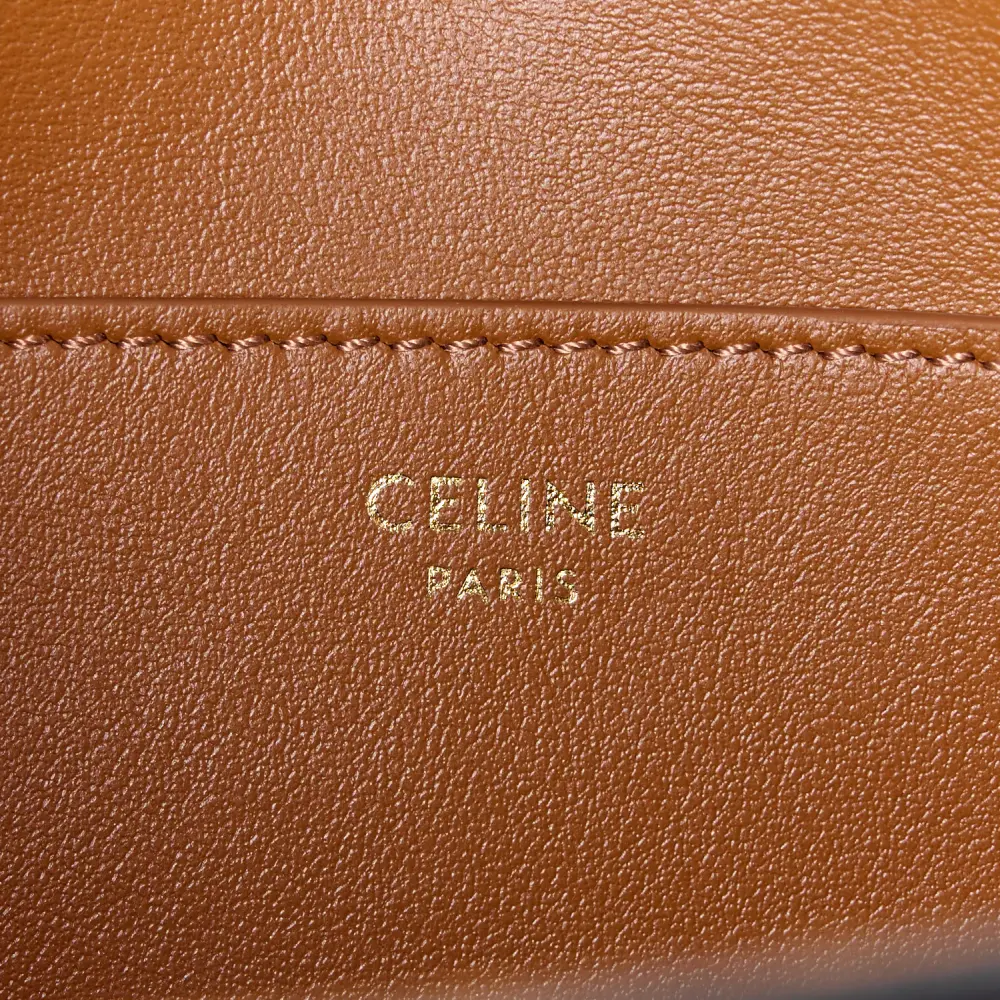 Celine Small Tabou Clutch on Strap Tan Triomphe Canvas & Calfskin Leather Gold Hardware