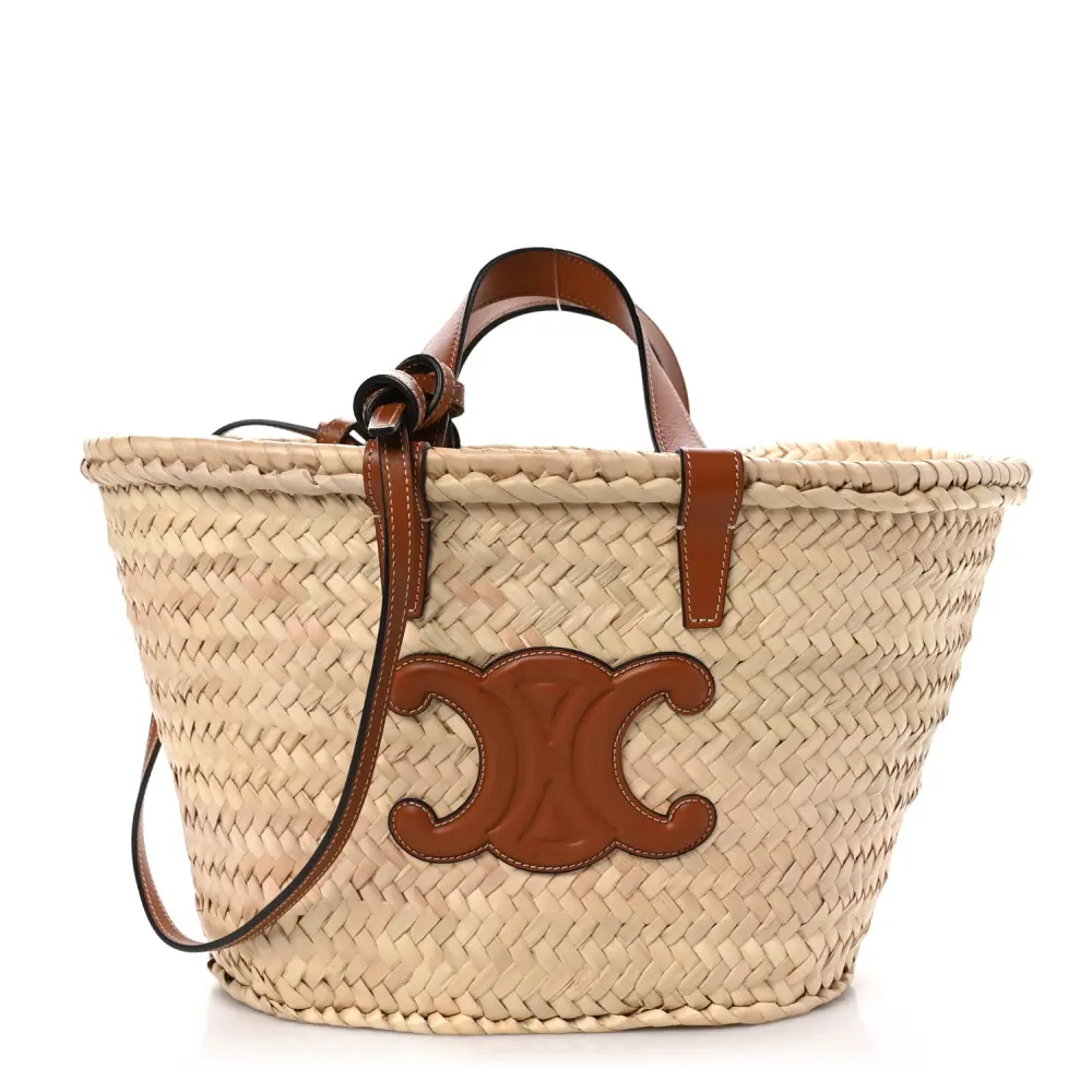 Celine Medium Triomphe Teen Panier Tan Palm Leaf & Calfskin Leather Gold Hardware