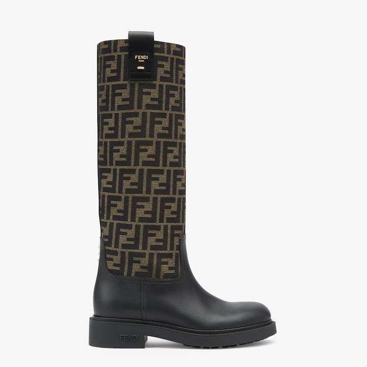 FENDI Black leather and brown FF fabric boots