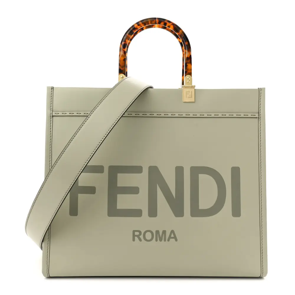 Fendi Medium Logo Embossed Sunshine Shopper Tote Green Tea King Vitello Leather & Plexiglass Gold Hardware