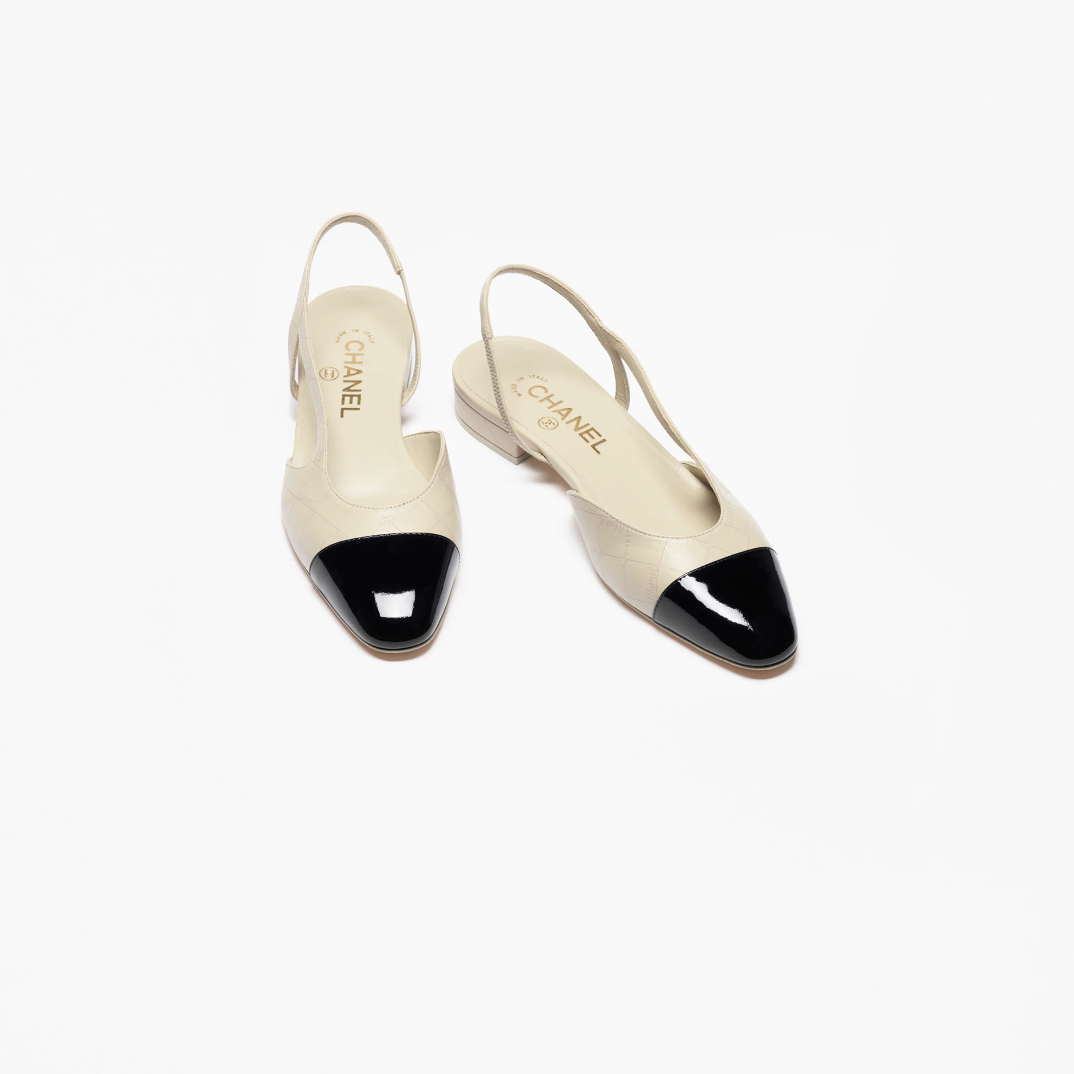 Chanel, white and black, Sheepskin and calf patent leather, Rear lace up flat shoes