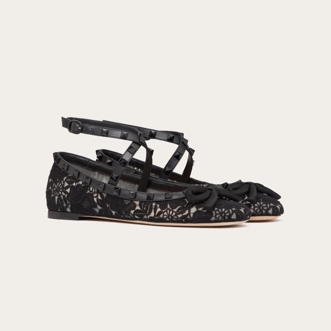 VALENTINO Rivet satin black ballet flats shoes