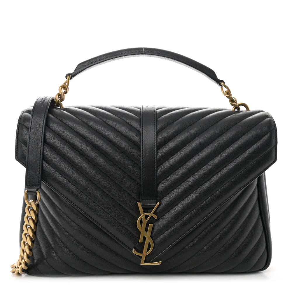 Saint Laurent Large College Satchel Black Chevron Monogram Sheepskin Matelasse Leather Aged Gold Hardware