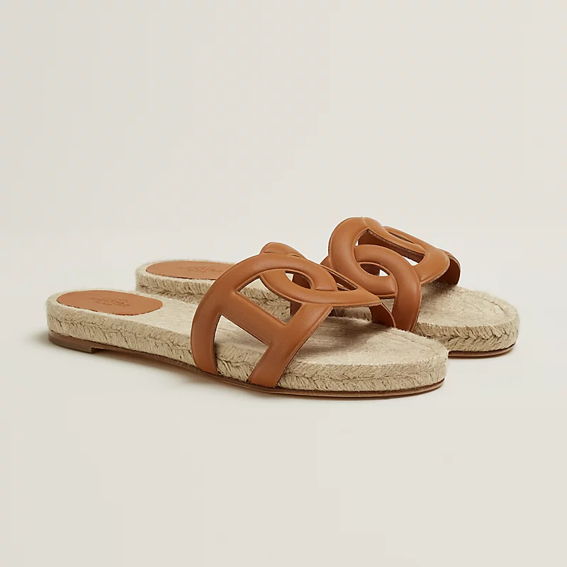 HERMES Famosa Brown Straw knitting Slippers