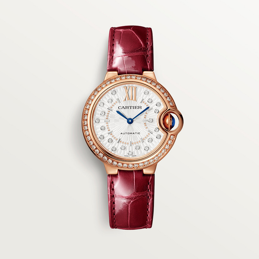 Ballon Bleu de Cartier watch 33 mm rose gold diamonds leather CRWJBB0080